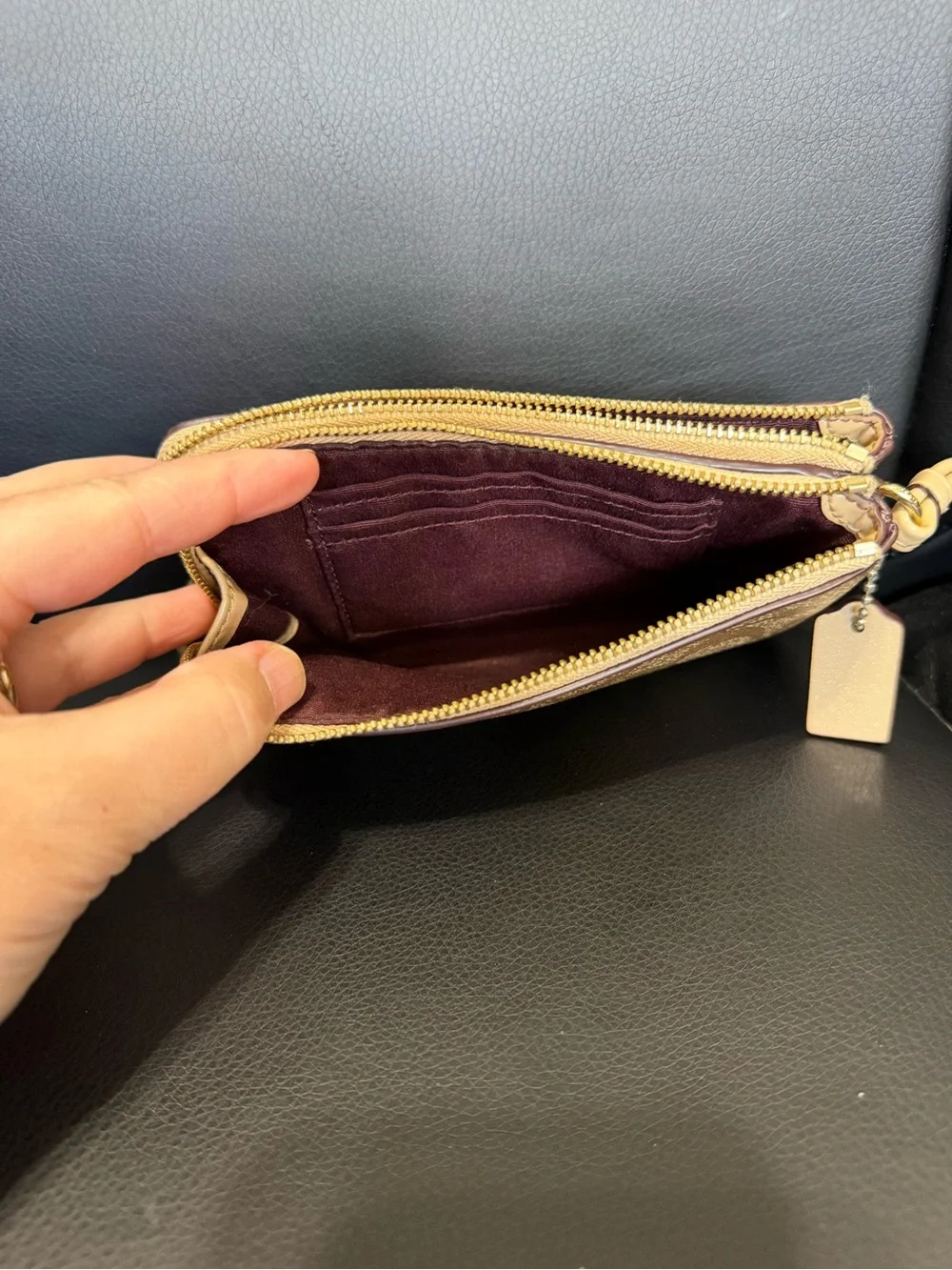 Coach Double Zip Signature Canvas Wristlet in Brown/Tan